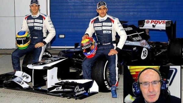 Brunno Senna e Juan Pablo Montoya na época que correram pela Williams, com Frank Williams no detalhe (Montagem/Williams)