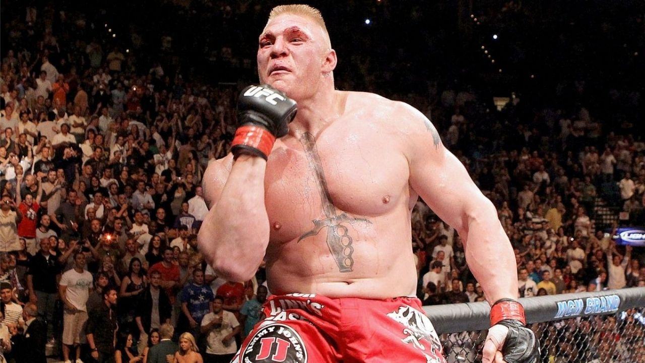 Brock Lesnar, ex-campeão dos pesados do UFC após uma vitória no octógono (Divulgação)