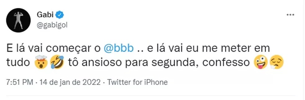 Em sua conta no Twitter Gabigol confessou que está ansioso pela estréia do BBB22 e que irá se 'meter em tudo' (Reprodução/Twitter)