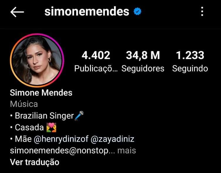 Simone altera o seu nome nas redes sociais (Reprodução/Instagram)