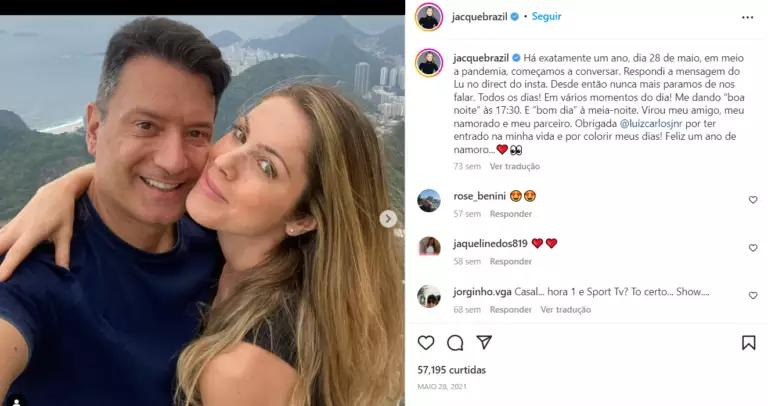 Em 2021, Jacqueline Brazil comemorou um ano de namoro com Luiz Carlos Júnior, comentarista do SportTV (Foto: Reprodução/Instagram)