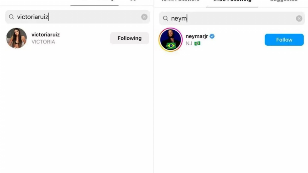 Neymar e Victoria Ruiz se seguindo nas redes sociais. (Imagem: Reprodução)