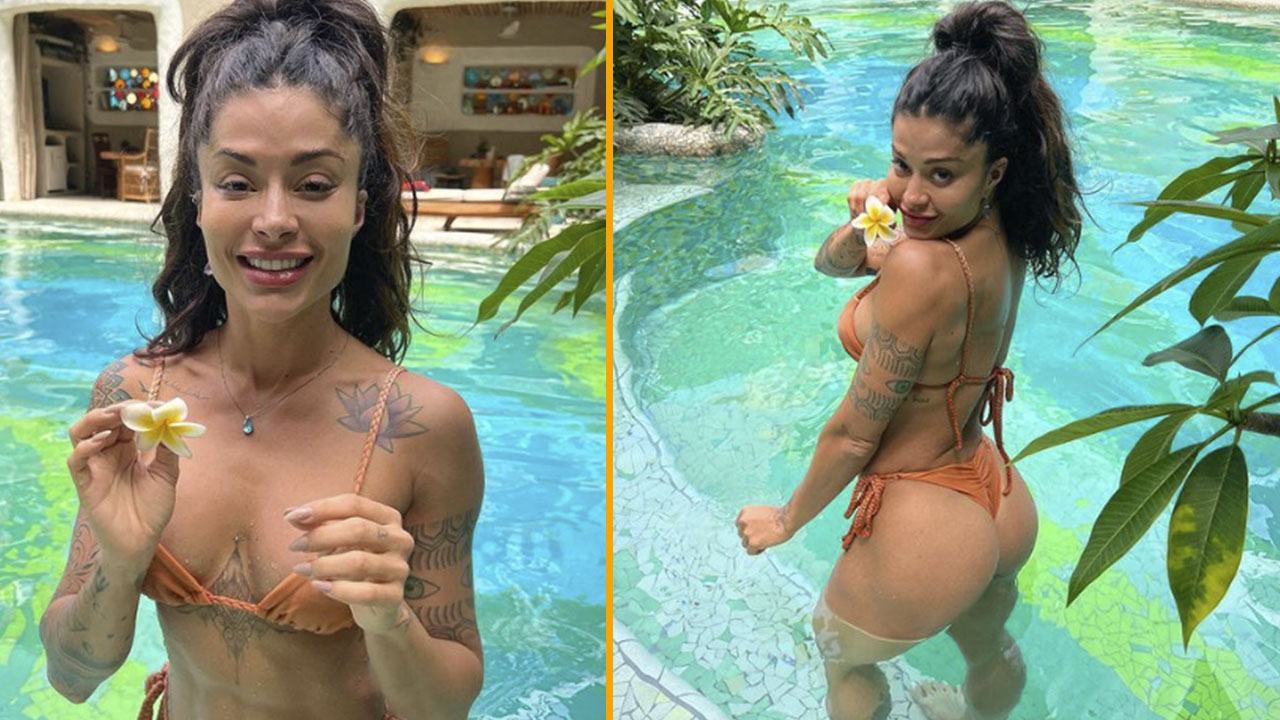 Aline Campos encanta seguidores com registro feito na piscina (Montagem/Instagram)