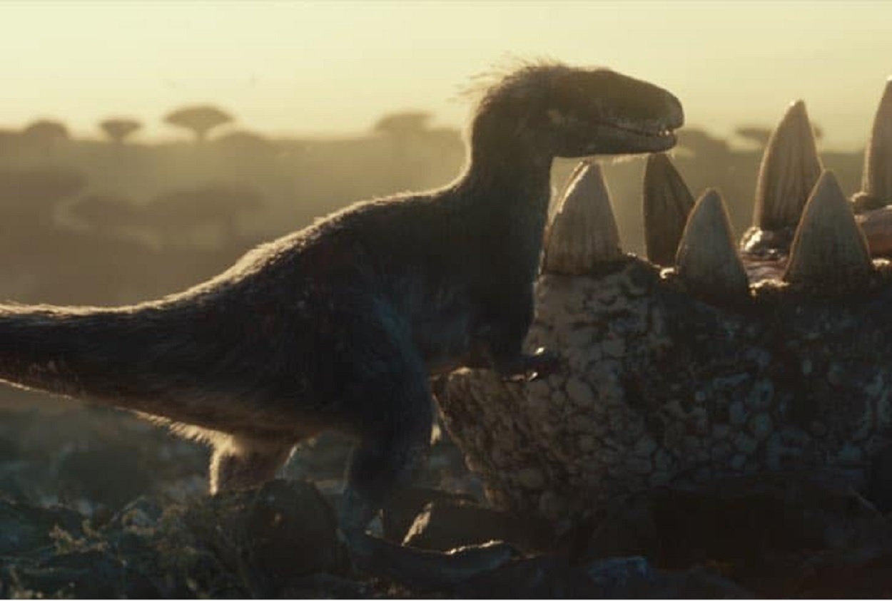 Cena de Jurassic World 3 com dinossauro ultrarrealista (Divulgação)