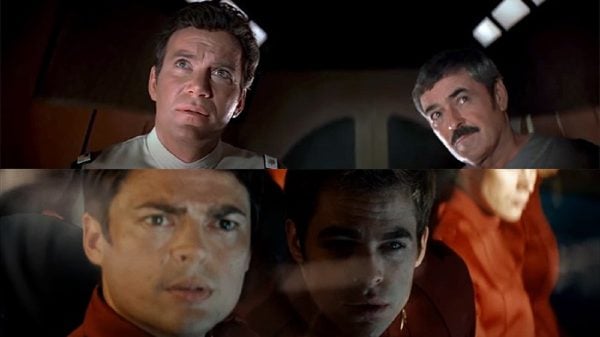 Cenas em que o capitão Kirk encontra a nave Enterprise pela primeira vez nos filmes de 1979 (acima) e de 2009 (Foto: Reprodução)