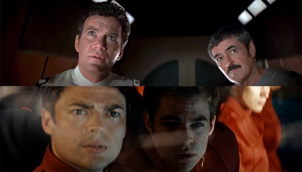 Cenas em que o capitão Kirk encontra a nave Enterprise pela primeira vez nos filmes de 1979 (acima) e de 2009 (Foto: Reprodução)
