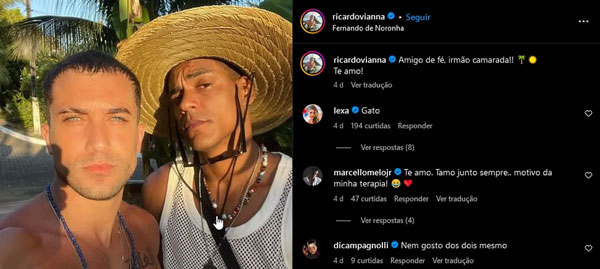 O ator Ricardo Vianna troca mensagens carinhosas com a cantora Lexa