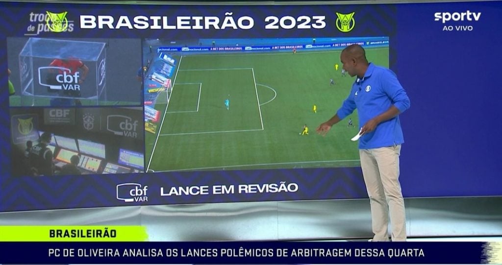 Para PC Oliveira (Sportv) a epulsão foi correta, pois se Adrielson não fizesse a falta Breno Lopes ia pro gol (Reprodução/TV)