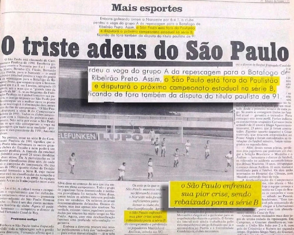 Jornal noticia o rebaixamento do São Paulo para Série B do Paulista (Foto: Reprodução)