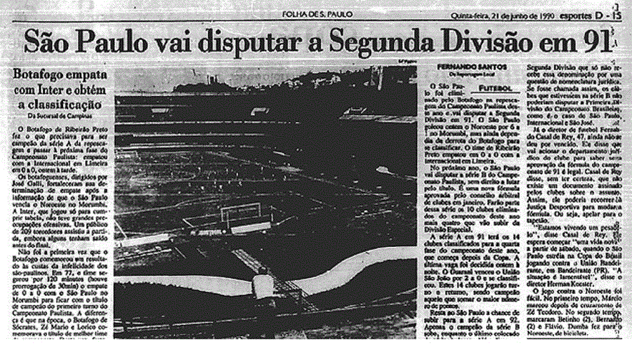 A Folha de S.Paulo noticiou após a repescagem: "São Paulo vai disputar Segunda Divisão em 91" (Reprodução/Folha)