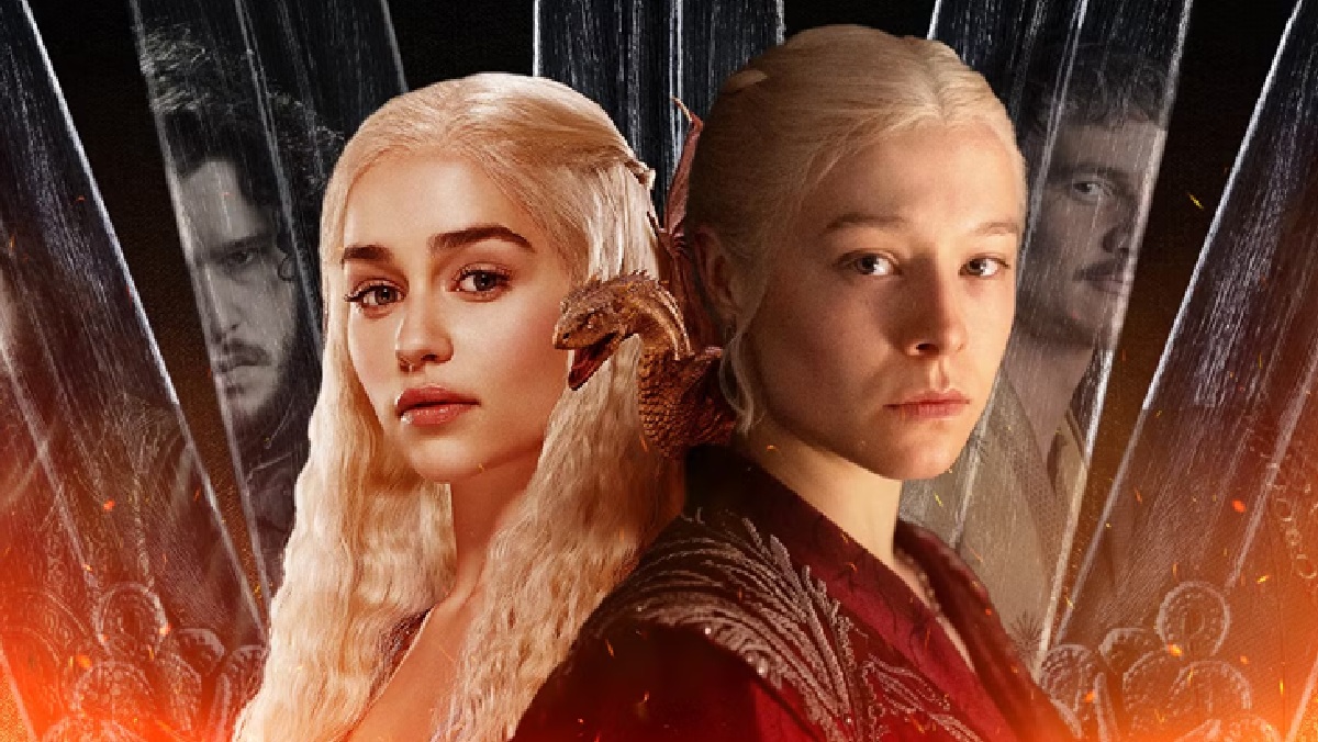 Com a produção da 3ª temporada do maior rival de House of the Dragon, The Rings of Power, já em andamento, tudo indica que 2026 será um embate colossal entre dragões e elfos na guerra da audiência (Foto: Montagem/Divulgação)